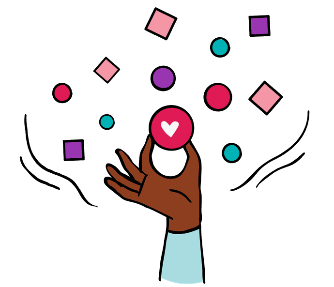 Illustration of a hand holding symbols which represent diversity and inclusion.